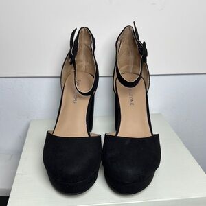 Sun + Stone Birdey Black Suede Ankle Strap Heels